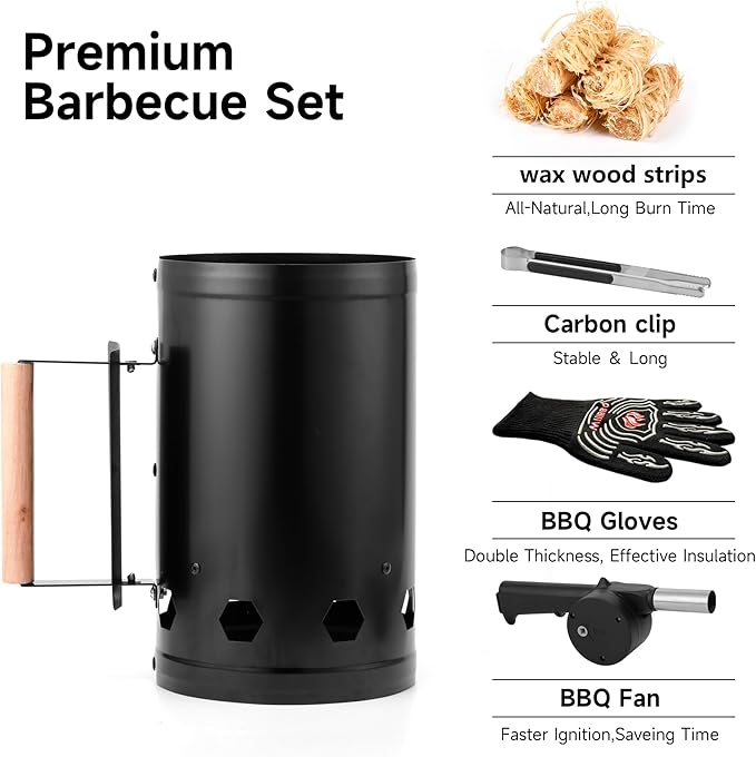 WILLBBQ Charcoal Chimney Starter Great for Fireplace, BBQ, Fire Pits, Barbecues, Chimineas, Campfires, Pizza Ovens - Zinc Steel BBQ Kit, 20 Starters, Heat Resistant Gloves Blower (Bright Black)
