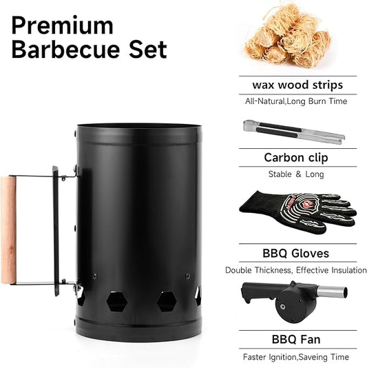 WILLBBQ Charcoal Chimney Starter Great for Fireplace, BBQ, Fire Pits, Barbecues, Chimineas, Campfires, Pizza Ovens - Zinc Steel BBQ Kit, 20 Starters, Heat Resistant Gloves Blower (Bright Black)