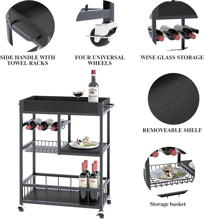 Bar Cart with Basket Wine Rack with Wheels Wood Metal Cart for Party | Basket