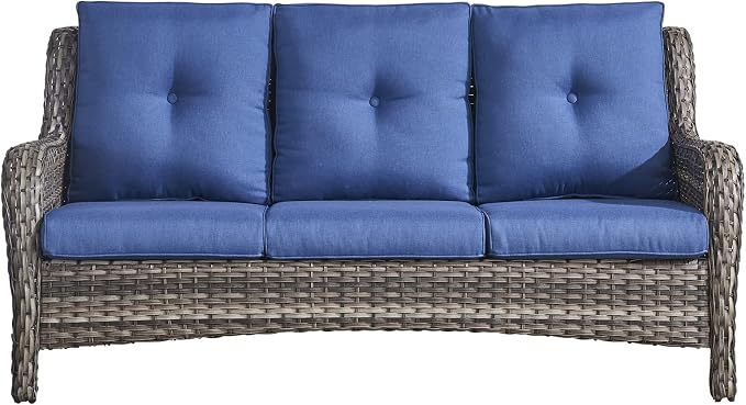 Rilyson Outdoor Patio Wicker Sofa, 900Lbs Weight Capacity Large 3 Seater Wicker Patio Couch with 4in Seat Cushions and Deep Seating, All Weather for Backyard, Garden, Poolside (Mixed Grey/Blue)