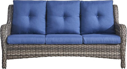 Rilyson Outdoor Patio Wicker Sofa, 900Lbs Weight Capacity Large 3 Seater Wicker Patio Couch with 4in Seat Cushions and Deep Seating, All Weather for Backyard, Garden, Poolside (Mixed Grey/Blue)