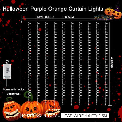 echosari Halloween Curtain Lights Battery Operated 300 LED Purple Orange | 9.8Ft x 9.8Ft Hanging Lights with Remote Timer for Party Garden Yard Decor