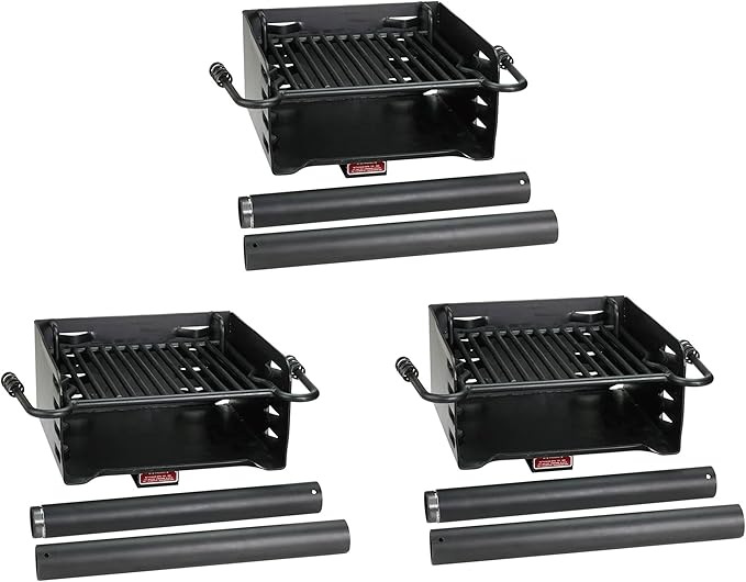 Pilot Rock Park Style Heavy Duty Steel Outdoor BBQ Charcoal Grill with Cooking Grate & 360 Degree Swivel Post for Camping or Backyard, Black (3 Pack)