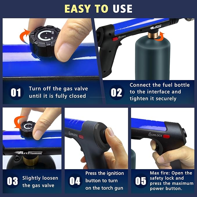 ARTFLAMM Powerful Propane Torch Gun, Flamethrower with Turbo Mode, Charcoal Torch Lighter with Safety Lock, Kitchen Blow Torch for Cooking, BBQ, Searing Steak, Grill(Tank Not Included)