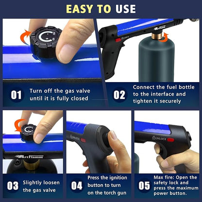 ARTFLAMM Powerful Propane Torch Gun, Flamethrower with Turbo Mode, Charcoal Torch Lighter with Safety Lock, Kitchen Blow Torch for Cooking, BBQ, Searing Steak, Grill(Tank Not Included)