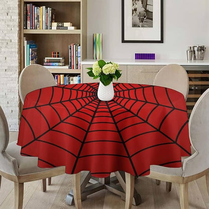 Spider Web Heros Tablecloth, Black Spiderweb Red Cobweb Circle Water Resistant Wipeable Table Cover for Picnic Party Holiday Kitchen Dinner Table 70"