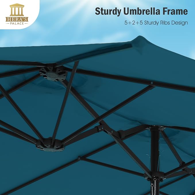 HERA'S PALACE 15ft Patio Umbrella, Base Included, Rectangular, Cerulean | outdoor, table, large, 15, rectangle, double, pool, stand, clearance, outside, triple, shade, sun