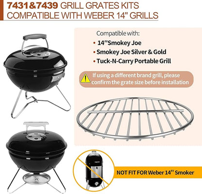 13.5" Cooking Grate & 10.5" Charcoal Grate Kit, Grill Grates Fit for Weber 14'' Smokey Joe Silver&Gold Tuck-n-Carry Charcoal Grills, Heavy-Duty Steel 7431 7439 Replacement for Weber Grate kit