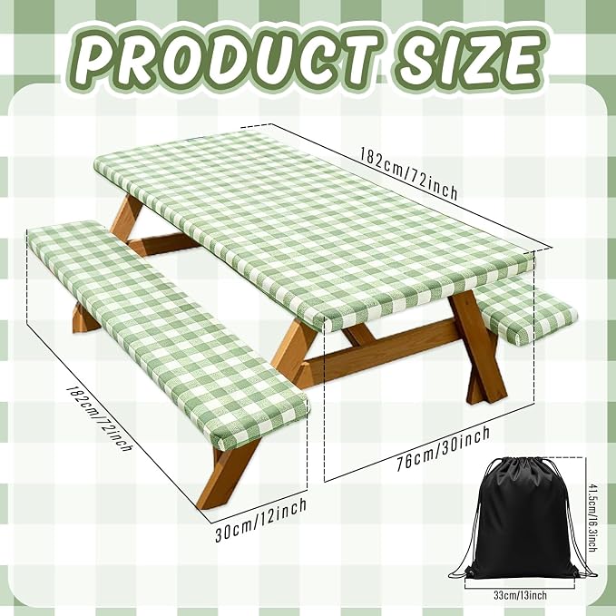 AnyDesign Sage Green Plaid Picnic Table Cover with Bench Cover Green Gingham Waterproof Elastic Fitted Camping Tablecloth for 6Ft Rectangle Table Outdoor Decor
