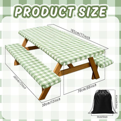 AnyDesign Sage Green Plaid Picnic Table Cover with Bench Cover Green Gingham Waterproof Elastic Fitted Camping Tablecloth for 6Ft Rectangle Table Outdoor Decor