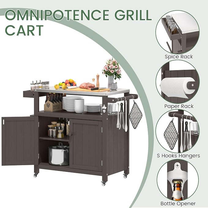 Weatherproof HIPS Outdoor Kitchen Island with Stainless Steel Top & Storage Cabinet, Movable Prep Table with Wheels for BBQ Food Prep, Outdoor Grill Cart for Parties, Cocoa Brown