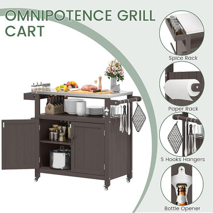 Weatherproof HIPS Outdoor Kitchen Island with Stainless Steel Top & Storage Cabinet, Movable Prep Table with Wheels for BBQ Food Prep, Outdoor Grill Cart for Parties, Cocoa Brown
