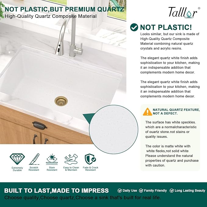 33 Inch Granite Composite Kitchen Sink - White Drop In Workstation All-In One Classic Quartz Single Bowl Kitchen Sink Basin, 2-Holes, 33x22, Top-Mount #TLGT-113