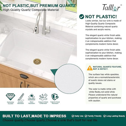 18x18 Inch Undermount Bar Sink Workstation - White Granite Composite All-In One Single Bowl Classic Quartz Wet Prep Sink with Cutting Board for Kitchen Bar, RV, Boat, and Outdoor #TLGU-131