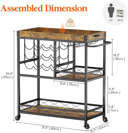 Lifewit 3 Tier Bar Cart with 12 Wine Racks, Serving Trolley, Rustic Brown | Home serving drink cart with removable tray, liquor beverage storage for kitchen dining living room, 30 x 15.7 x 36.6 inch