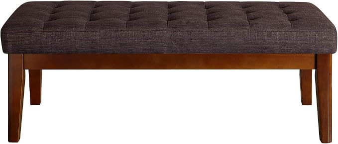 Elle Decor Claire Button Tufted Upholstered Bedroom Bench, Modern Fabric Padded Ottoman with Wooden Legs, Dark Brown