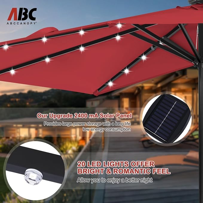 ABCCANOPY Patio Umbrella 9FT Outdoor Half Umbrella w/Solar Lights，Burgundy | Fade & UV Resistant Fabric, 5 Fiberglass Ribs, Waterproof, Air Vent, Crank Operated, Great for Patio, Backyard, Garden, Deck