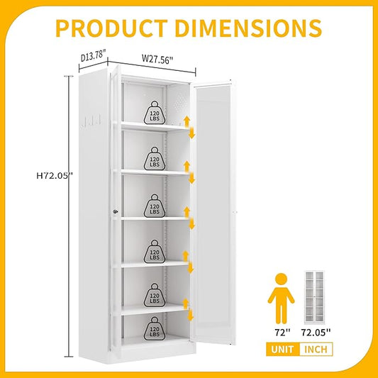 Kitchen Pantry Cabinet, 72" Tall Pantry Storage Cabinet with Adjustable Shelves and Glass Doors, Metal Storage Cabinets with Handle for Living Room, Kitchen, Assemble Required (White)