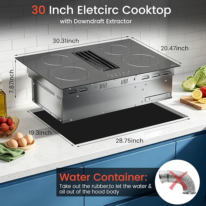 Hobsir Electric Cooktop 30 Inch with Downdraft, 4 Burner Radiant Cook top 6000W, Ductless Downdraft Electric Cooktop 496m³/h, 30” Stove Top with 9 Power Level, Timer, Safety Lock, 220V