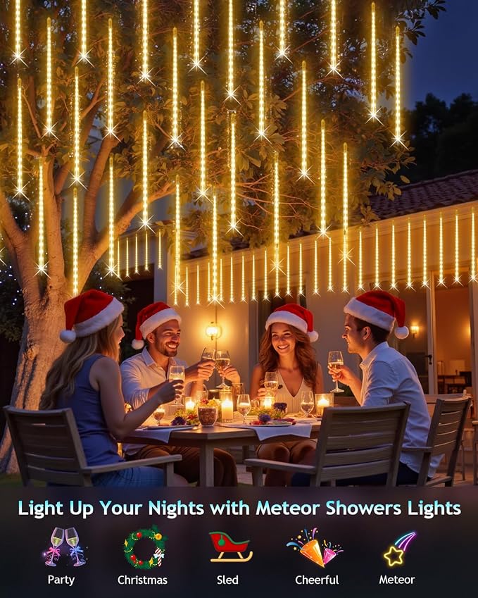 PEMOTech Christmas Lights Outdoor, 16 Tubes 40cm 576 Led Meteor Shower Lights, Waterproof Christmas Decorations Icicle Light for Xmas Tree Halloween Party, Ul Plug,Warm White