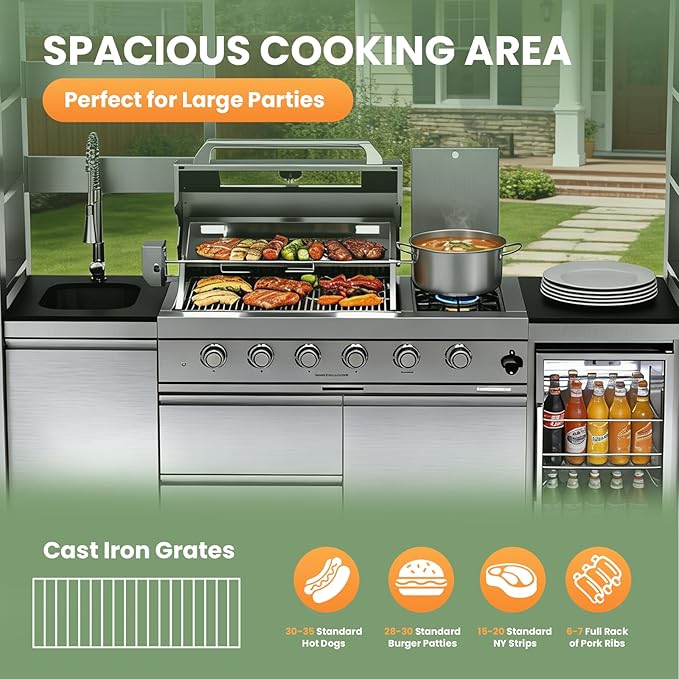 97" Outdoor Kitchen Island,4-Burner Propane Grill Featuring Rotisserie Oven,Side Burner,Mini Wine Fridge,Galvanized Steel Roof,Granite Countertops & Sink – BBQ Grill 72,000 BTU Total.(Silver,Propane)