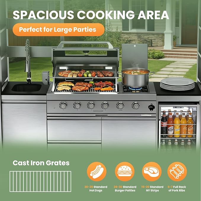 97" Stainless Steel Outdoor Kitchen Island with 4-Burner 72000 BTU,Propane Grill with Side Burner,Rotisserie Oven,Galvanized Steel Roof,Granite Countertops,Refrigerator,Sink.(Propane Gas)
