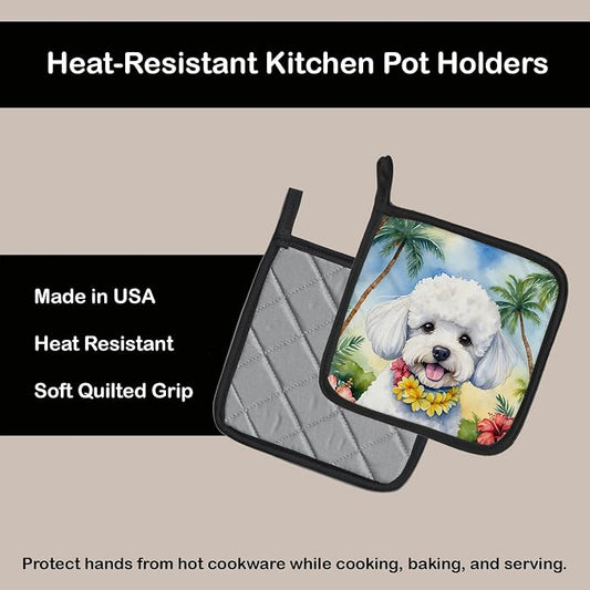 Caroline's Treasures Bichon Frise Luau Pair of Pot Holders Kitchen Heat Resistant Pot Holders Sets Oven Hot Pads for Cooking Baking BBQ, 7 1/2 x 7 1/2
