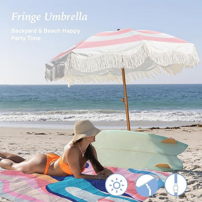 AMMSUN Boho Fringe Umbrella with Outdoor Blanket, 6.5ft UPF50+ Picnic Umbrella with Tassels with Steel Pole & Push Button Tilt, Pink Stripes