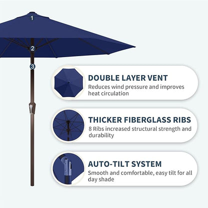 PatioKingdom Auto-Tilt 9FT Patio Umbrella Outdoor with 8 Sturdy Fiberglass Ribs,Market Table Umbrella for Pool,Backyard,Deck and Garden (Navy)