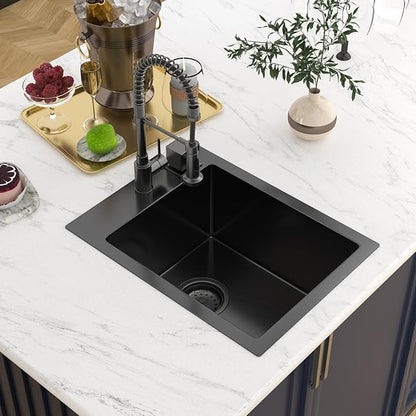 15 In Gunmetal Black Drop Bar Sink 15 x 20 Inch Kitchen Sink 18 Gauge Stainless Steel Single Bowl Topmount Handmade Sink for Outdoor, RV, 15x20x9
