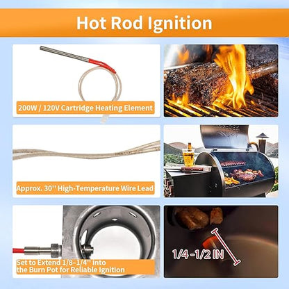 Replacement Fire Pot Burn Pot and Hot Rod Ignitor Kit with Screws and Fuse for Traeger, Pit Boss, Camp Chef, Z-Grills Wood Pellet Grill & Smoker – Heavy Duty 7-Hole Firepot Combo Assembly Parts
