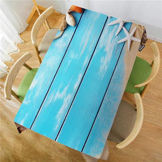Swono Sea Shells Table Covers 52x70 Inch Blue Wooden Sea Rope Seashells Starfish Wipeable Tablecloth Kitchen Dinning Tabletop Decoration, Table Cloth for Outdoor and Indoor Use