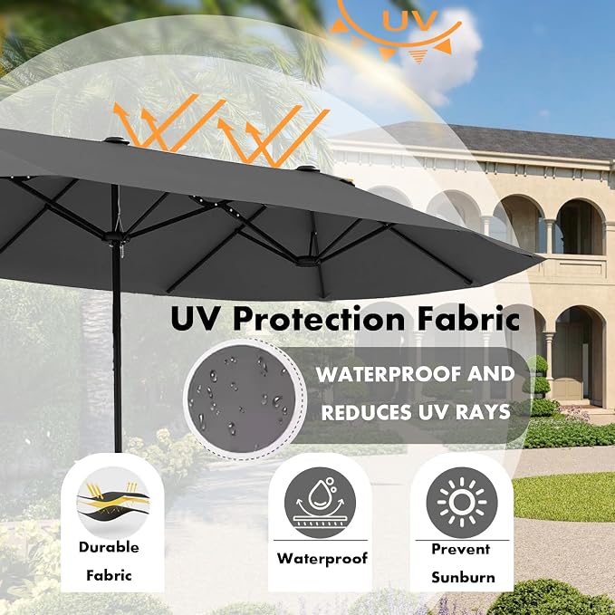 15ft Patio Umbrella Replacement Canopy for 12 Ribs, Large Outdoor Umbrella Top Cover Only,Double-Sided Fabric for Market Umbrellas, Sombrillas de Patio Repuesto (Frame NOT Included),Grey