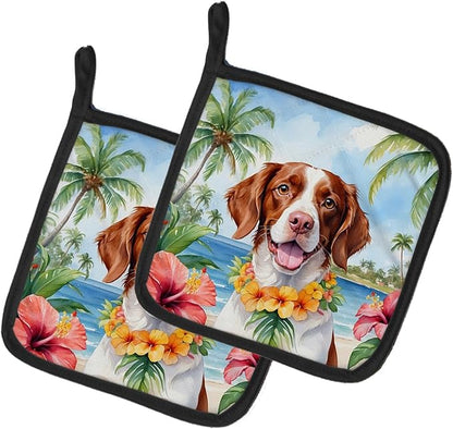 Caroline's Treasures Brittany Spaniel Luau Pair of Pot Holders Kitchen Heat Resistant Pot Holders Sets Oven Hot Pads for Cooking Baking BBQ, 7 1/2 x 7 1/2