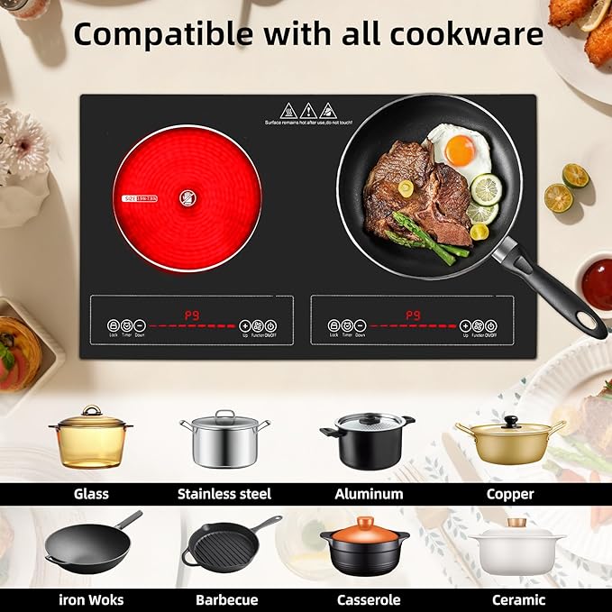 2 Burner Electric Cooktop,110V 2500W Electric Stove Top with Touch Control,9 Heating Level,Timer & Kid Safety 2 burner cooktop.