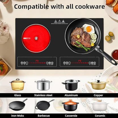 2 Burner Electric Cooktop,110V 2500W Electric Stove Top with Touch Control,9 Heating Level,Timer & Kid Safety 2 burner cooktop.