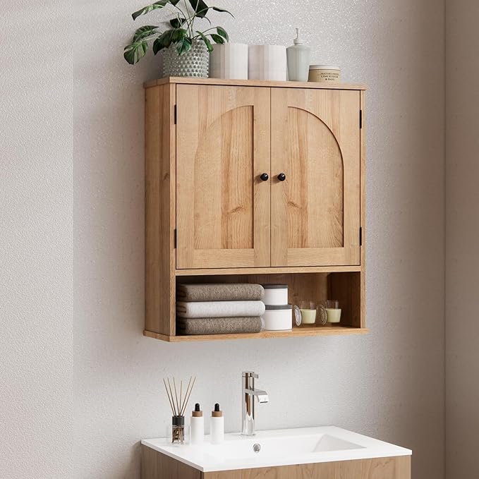 Medicine Cabinet, Over The Toilet Storage Cabinet, Bathroom Wall Storage Cabinet with Arched Doors & Adjustable Shelves, Wall Mounted Bathroom Cabinet for Kitchen, Laundry Room, Living Room,Natural