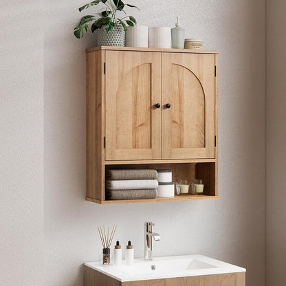 Medicine Cabinet, Over The Toilet Storage Cabinet, Bathroom Wall Storage Cabinet with Arched Doors & Adjustable Shelves, Wall Mounted Bathroom Cabinet for Kitchen, Laundry Room, Living Room,Natural
