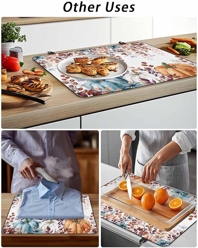 Stove Top Covers for Electric Stove 36x21 Inches, Fall Eucalyptus HeatResistant Glass Cooktop Protector, Orange Blue Pumpkins Thanksgiving Leaves Ceramic Stovetop Countertop Covers Mat, Oven Cover