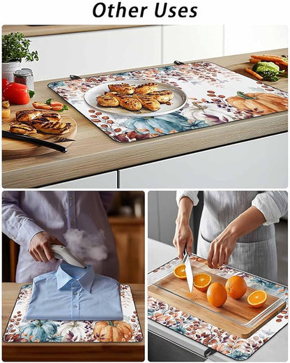 Stove Top Covers for Electric Stove 31x24 Inches, Fall Eucalyptus HeatResistant Glass Cooktop Protector, Orange Blue Pumpkins Thanksgiving Leaves Ceramic Stovetop Countertop Covers Mat, Oven Cover