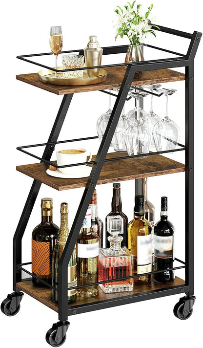 Bar Cart, 3-Tier Home Bar Serving Cart with Wheels, Drink Cart with Glass Holder, Beverage Cart, Rolling Kitchen Cart, for Home, Living Room, Rustic Brown and Black BC03BR