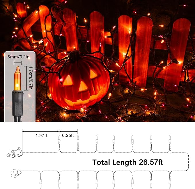 Orange & Purple Halloween Lights, 25ft 100 Count Incandescent String Light | UL Certified Connectable Mini Bulbs String Lights for Outdoor, Indoor, Garden, Porch, Party, Home, Halloween Decor