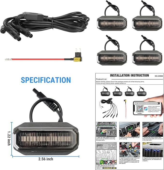 RGB LED Front Bumper Grille Lights Compatible with 2024-2025 Jeep Wrangler JL JLU JT Original Factory Grille, RGB Adjustable Atmosphere Exterior Grill Lights Remote APP Control, 4PCS