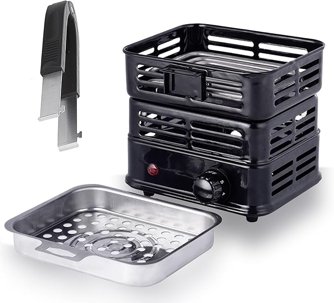 3D Multipurpose Turbo Coal Burner,Multipurpose Electric Charcoal Burner Coconut Charcoal Starter Heating Zones with Stainless Detachable Tongs, 1000W High Power Cube Coil Burner Fire Starter,Black