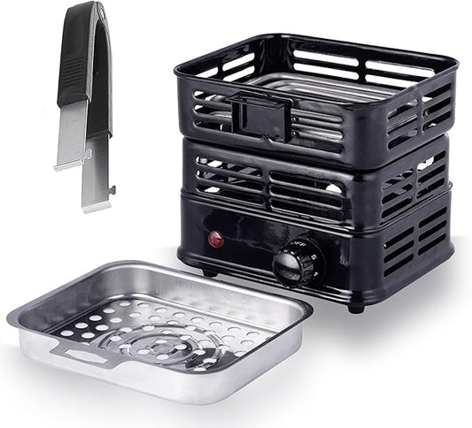3D Multipurpose Turbo Coal Burner,Multipurpose Electric Charcoal Burner Coconut Charcoal Starter Heating Zones with Stainless Detachable Tongs, 1000W High Power Cube Coil Burner Fire Starter,Black