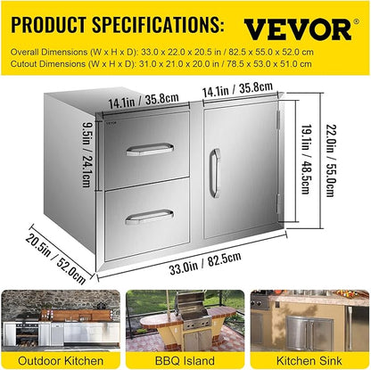 VEVOR Outdoor Kitchen Door Drawer Combo, 32.5" W x 21.6" H x 20.5" D, Access Door/Double Drawers with Paper Towel Rack, Stainless Steel Handles for BBQ Islands
