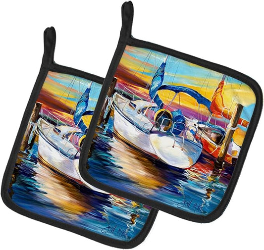 Caroline's Treasures JMK1243PTHD Symmetry Again Sailboats Pair of Pot Holders Kitchen Heat Resistant Pot Holders Sets Oven Hot Pads for Cooking Baking BBQ, 7 1/2 x 7 1/2