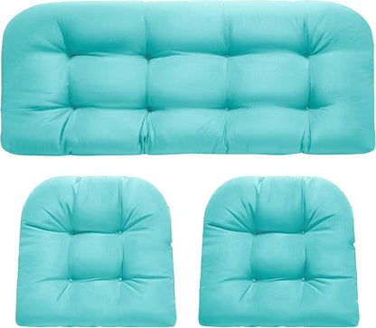 DANGHOOGY Wicker Chair Cushions, Waterproof Outdoor Loveseat Cushions for Patio Furniture, Tufted Wicker Furniture Cushions, 1 Loveseat and 2 U-Shaped Cushions, Teal