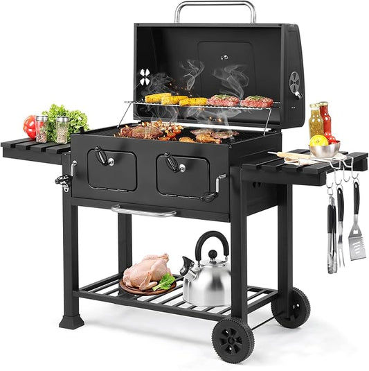 Large Charcoal BBQ Grill, Portable 2 in 1 Barbecue with Spacious Cooking Area, Foldable Side Tables & Wheels, Outdoor Garden Barbecue Smoker for Camping Backyard Patio Party Picnic