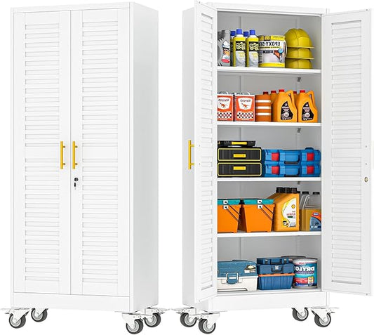 GAIOUS 71”H Metal Garage Storage Cabinet with Lock and Wheels, Metal Storage Cabinets with Louvered Door and 4 Adjustable Shelves, Rolling Tool Cabinet, Utility File Cabinet for Home Office, White